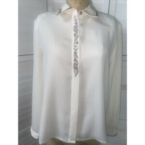 Vintage Koret Cream Floral Embroidered Button Collared Blouse Size 12 Large